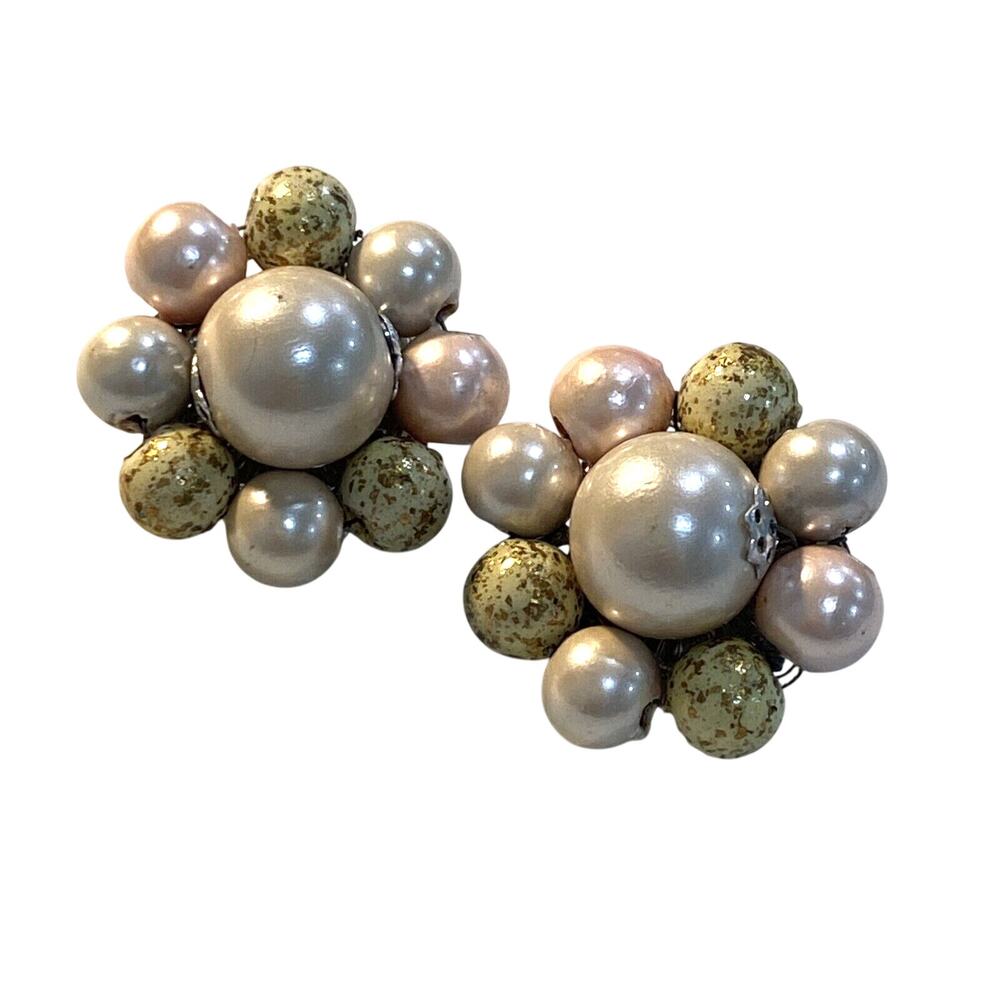 Vintage clip on earrings pink white pearl finish & gold confetti bead clusters